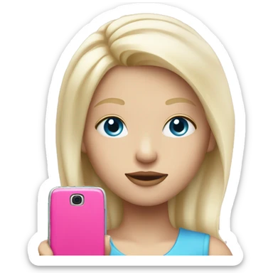 a white blond hair girl with blue eyes holding a pink cell phone sticker