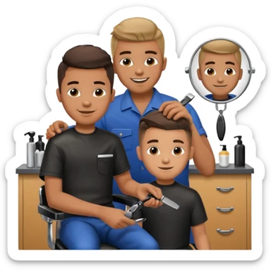 Barber cutting boys hair. Show the boy sat in black barber chair and both having smiles on their faces sticker