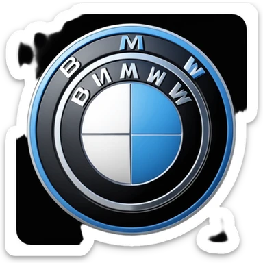 A clean, circular car logo inspired by BMW, with a black outer ring, inner circle divided into four equal quadrants, alternating blue and white colors, bold white letters on the black ring, glossy finish, minimal background, high resolution, professional automotive logo style sticker