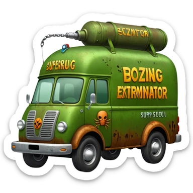 Heroic SuperBug Ron’s oozing exterminator superminator antique tall moving van (motto: Bombing creepy bugs is fun) sticker