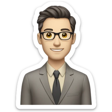 Full height Pale skinned Fit Man With dark brown hair in classic gray suit, beige office shirt, dark gray tie, and vintage glasses. His right hand is directed up sticker