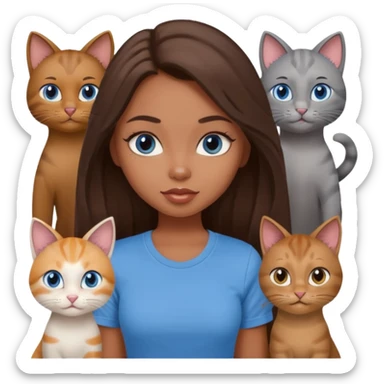 a pretty bratz dusky girl with long brown hair, blue eyes with six cats nd wearing a grey tshirt sticker