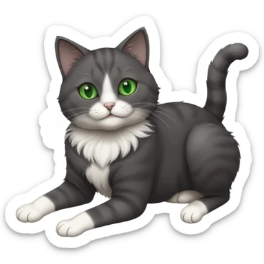 beautiful female solid dark grey cat with green eyes, white toes/paws and white patch on her chest rolling upside down sticker
