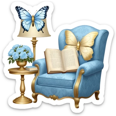 A cozy vintage-inspired reading nook, with an overstuffed ivory armchair, a golden reading lamp, and a bouquet of soft blue roses, white peonies, and dahlias resting on a small lace-covered side table, as a pearl butterfly gently rests on the open book.  sticker