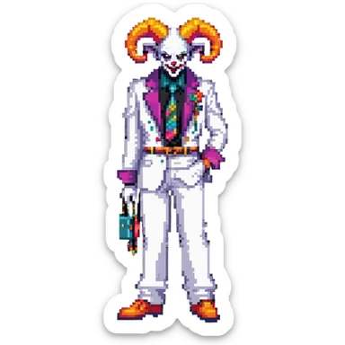 full-body demonic clown in a white leisure suit with bellbottom pants, bald, black ram horns, elevator shoes, flashy belt, ruffled shirt, colorful tie sticker