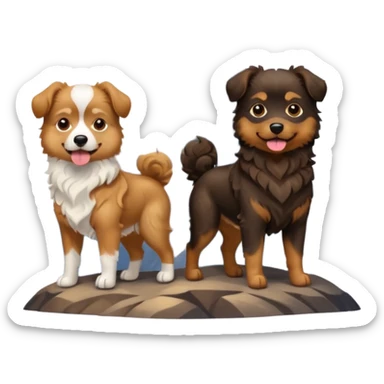 two dogs with wavy hair, one black and brown, one shades of brown with mountains sticker