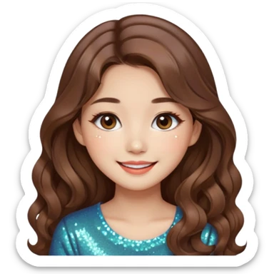 “korean brown hair Emoji girl, soft eyeliner, gradient lips, light brown shimmer eyeshadow, sparkly aegyo-sal, long wavy hair,  sticker