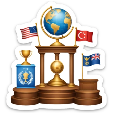 icon featuring podium with a speaker, national flags, and voting ballots, symbolizing political science. The design includes a globe and scales of justice in the background, representing governance, global affairs, and political theory. Transparent background emphasizes civic engagement and policy. sticker