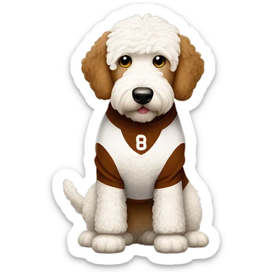 White Goldendoodle in a brown and white Cleveland Brown Football uniform sticker