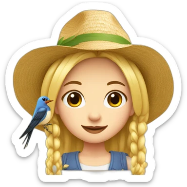 a blonde girl with a swallow with pigtails in straw a hat sticker