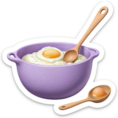 a lilac ceramic mixing bowl with a wooden spoon stirring and sitting next to it is a few eggs sticker