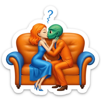A reptilian alien woman in orange dress kissing human man in blue dress, on sofa sticker