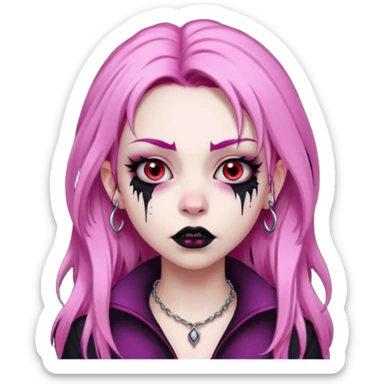 girl, pale vampire, pink hair, very long, shaggy, dark, spooky,double eyebrow dermal piercing, creepy expression sticker