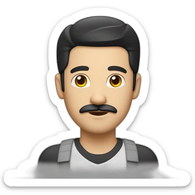man whit black hair, white shirt, backwards grey cap and flipped eyebrows as a moustache sticker