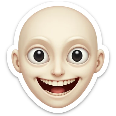 Pale emoji with completely vertical slit eyes, huge creepy grin from ear to ear, scary sticker