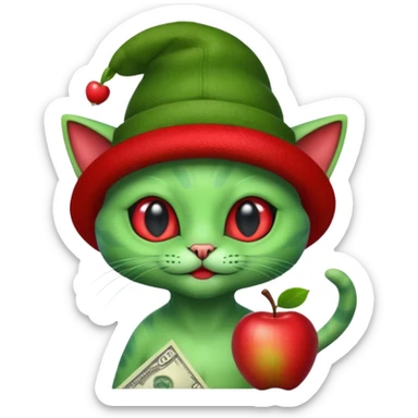 An alien cat with a red apple hat with cash all around it sticker