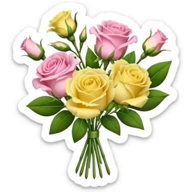 A mixed bouquet of four flowers, featuring pink roses and yellow lisianthus. sticker