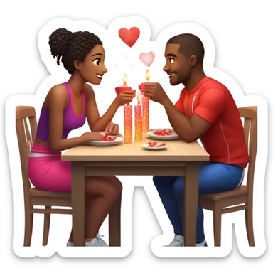 Emoji of a sporty couple, a man and a woman in athletic outfits, sitting at a romantic candlelit dinner table, with Valentine's Day hearts around them. sticker