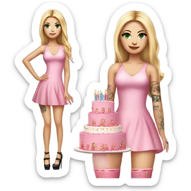 Realistic White girl with Long straight blonde hair, green eyes, tattoos, full body wearing pink dress and High heels, holding pink birthday cake sticker
