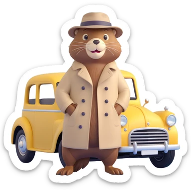 beaver in a trench coat and hat, leaning against a vintage car, gangster theme sticker