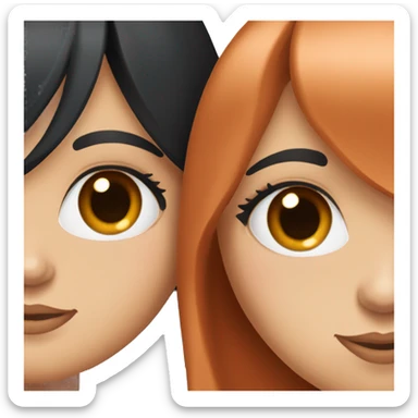 Girl with long black hair, long eyelashes and blue eyes taking picture with girl who had light copper red hair, blue eyes and long eye lashes sticker