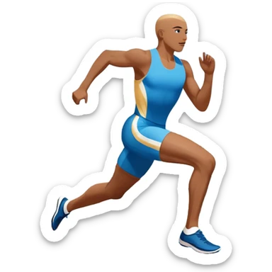 An icon symbolizing professional running: a dynamic sprinting athlete in motion on a track, leaving motion lines behind. The background features a large stadium with cheering crowds, a digital timer, and a clear blue sky. Transparent background emphasizes speed, endurance, and competition. sticker
