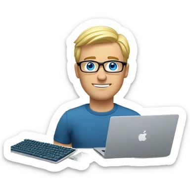 man looks 35 classes, european, tech nerd love , blue shirt blond short hair, blue eyes with specs behind macbook on with electronics pcb on the desk sticker