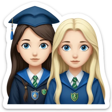 a pretty ravenclaw girl with long dark brown hair and blue eyes standing with a pretty Slytherin girl with long blonde hair, blue eyes sticker