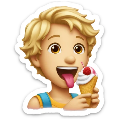 A young boy licking an icecream  sticker