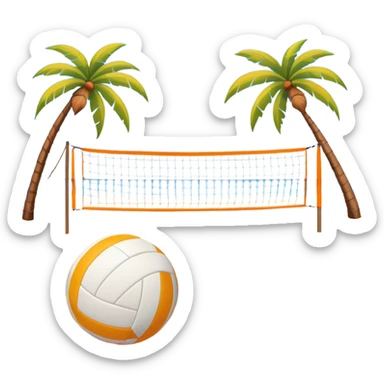 A volleyball resting on the orange sand ground of a beach, with a volleyball net in the background. The scene captures a sunny beach atmosphere with clear blue sea and sky, palm trees swaying, and people in swimsuits enjoying the vibrant surroundings sticker