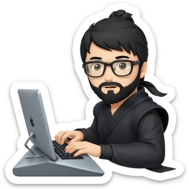 Man with black hair and beard wearing glasses in a ninja costume typing on a computer keyboard sticker