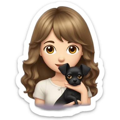 young girl with long wavy hair, short bangs, pale skin holding her little black chichuachua dog with big pointed ears sticker