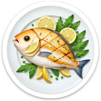 Draw a grilled fish fillet on a plate with lemon slices & herbs. sticker