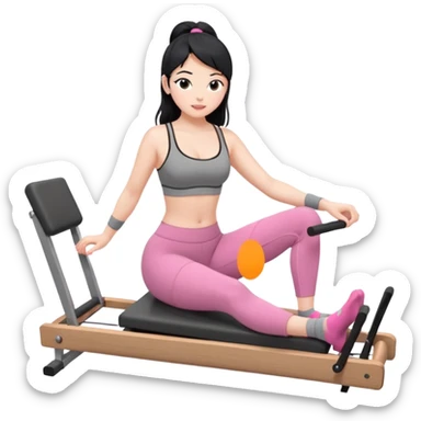 Create a Pilates emoji: a girl with fair skin and black hair, wearing a grey bra and grey leggings with pink pilates socks, doing sitted stomach massage on a wooden reformer. Make it look at the reformer. Make the colors neutrals. sticker
