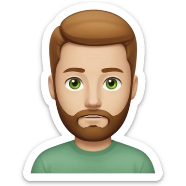 A young man with short light chestnut hair slicked back, a medium-length thick beard, and light green eyes. Fair skin, oval face, neutral expression. Wearing a dark t-shirt, plain light (white or gray) background. Shoulder-up front portrait. sticker