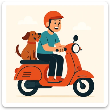 vector art of a man and his pet dog riding a vespa, for website design  sticker