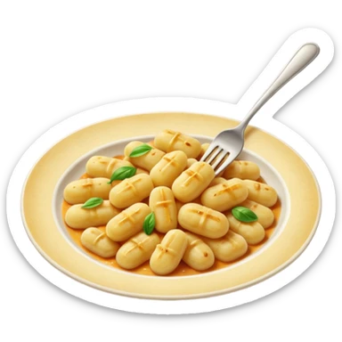 Gnocchi Cinematic Realistic Gnocchi Dish Emoji, depicted as tender oblong potato gnocchi garnished with iconic fork marks on top, rendered with soft textures and warm, inviting lighting. sticker