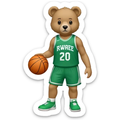 Bear with full body and wearing basketball green and white  jersey that says RWE  sticker