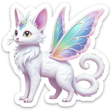 Pure-snow-White albino iridescent with pastel rainbow-gradients-color-markings with swirly patterns butterflies  faerie-Noivern-Noibat-Purloin-Torracat-Lykoi-Caracal-cat-Fakemon-fusion-hybrid-creature sticker