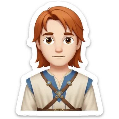 medieval spring outfit worn by a DnD themed fantasy male character. lightweight linen tunic with decorative stitching along the neckline and cuffs, belted at the waist with a cloth sash. clothes only above the waist. The clothes full waist. The character's haven't arms. character is white-skinned, auburn hair, brown eyes, shoulder-length straight hair. sticker