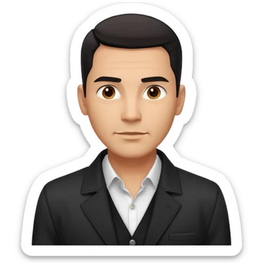 Attractive Hispanic TV host in his mid to late 40s with light brown skin, short straight black hair slicked back with fade on sides, square handsome face with strong jawline, friendly approachable expression, wearing open black jacket revealing white buttoned shirt underneath sticker