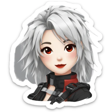 Gorgeous techwear anime style lady with blushing face aesthetic and pretty edgy black red white punk messy hair with collar and harness trending style sticker