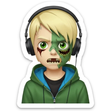 boy zombie whit blonde emo hair and eyes blue and GREEN SKIN and heandphones black AND A MICROFONE AND GOLD TEETH and agesive face and the hoodie black  sticker