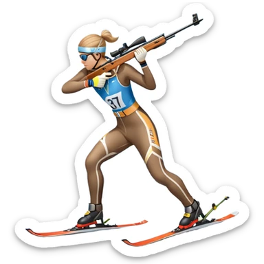 An icon featuring snow-covered trees, distant mountains, and a clear blue sky with a biathlete in motion, holding a rifle and skiing across a snowy course. Transparent background highlights the precision, endurance, and excitement of biathlon. sticker