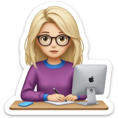 ragazza bionda con capelli molto lunghi, con occhiali tartarugati, occhi azzurri, con maglione beige, seduti alla scrivania che lavora al pc sticker