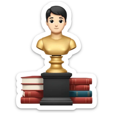 Minimalistic flat vector icon, iOS style, thin black contour on white background. Bust statue on a small pedestal next to a stack of books, symbolizing classic literature. Clean, no text, no shadows sticker