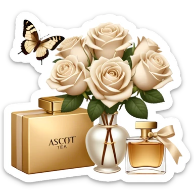 A bouquet of white Ascott tea roses next to a beige aesthetic and a brown beautiful butterfly and a gold silk ribbon and a beautiful flacon of aesthetically pleasing vintage-style perfume in pearl color sticker