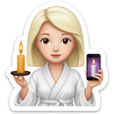 girl in a spa robe enjoying a scented candle, iPhone memoji style, white skin sticker