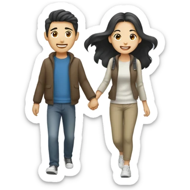 Cute Asian couple (girl with wavy long hair guy with short straight hair) excitedly traveling  sticker