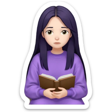 Maret – Cewe Overthinker/SENSITIF Kulit putih pucat lembut, rambut hitam panjang lurus agak messy, belah tengah. Pakai sweater lavender terang oversized. Duduk, pegang jurnal & pulpen, tatapan kosong mikir. sticker